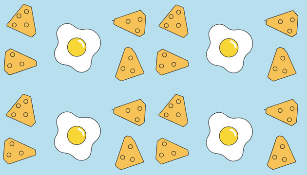 Seamless breakfast pattern features sunny-side-up fried eggs and yellow cheese wedges scattered on a pastel blue background.