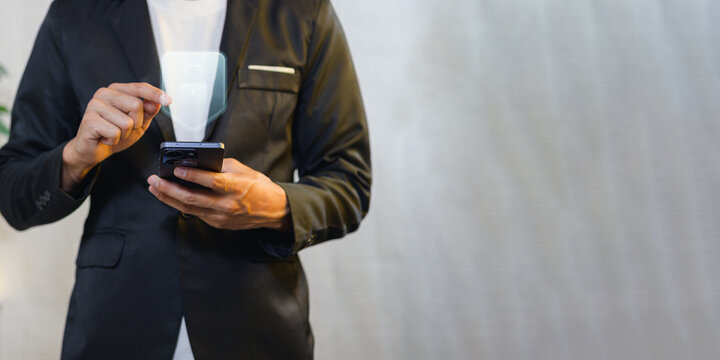 Business Professional Using Smartphone with Data Flows Abstract Background