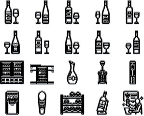 Obraz premium Collection of stylized black and white line icons representing various wine concepts, including bottles, glasses, decanters, corkscrews, racks, and a person enjoying a tasting