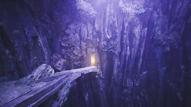 Narrow stone bridge to glowing cave. Ancient cliffside architecture, mist filled chasm, violet ambient light, warm lantern at entrance, rugged rock textures,