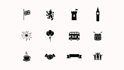 Twelve minimalist black silhouette icons with social connection through universally recognizable symbols flags evoking themes cultural heritage © Jayshri