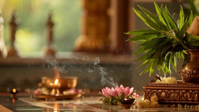 Hindu prayer setup with brass kalash, burning diya, and lotus flower on temple altar.