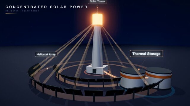 Concentrated solar power tower heliostat, animated 3D industrial visualization, seamless loop.