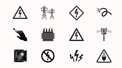 Naklejka premium Modern minimalist electrical safety and power transmission icon collection with arranged uniform grid easy readability professional use technical instructional materials