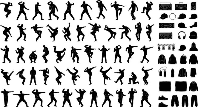 Hip Hop and Breakdance Silhouette Set with Street Dancers B-Boys Boomboxes Headphones and Urban Apparel Icons for Music Festival Graphic Designs