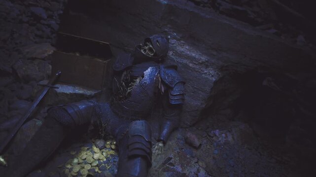 Tactical operative collapsed inside dark rubble after failed night infiltration helmeted figure lies motionless amid broken beams, scattered insulation and mud,