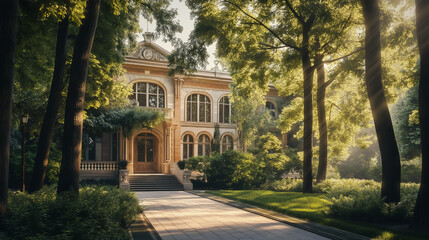 Fototapeta premium Historic mansion surrounded by trees with sunlit garden pathway