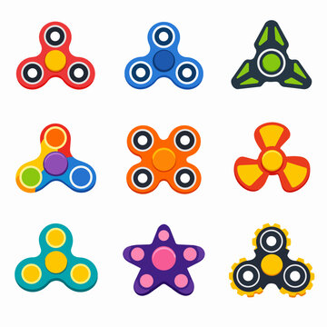 Assorted bright fidget spinner toy stickers in filled cartoon style for hobby and play themes