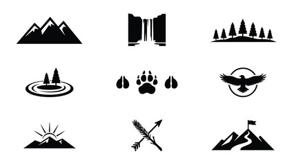 Obraz premium Minimalist nature and adventure symbolic icons set with mountain forest with all set against clean white background bold visual impact silhouettes