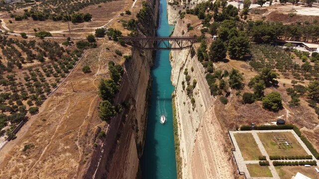 Small Sailing Yacht Crossing the Corinth Canal in Greece