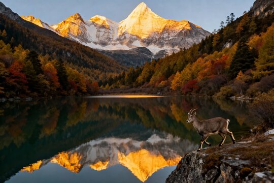 A deer stands on a rocky shore beside a calm lake reflecting golden-lit mountains and autumn foliage.