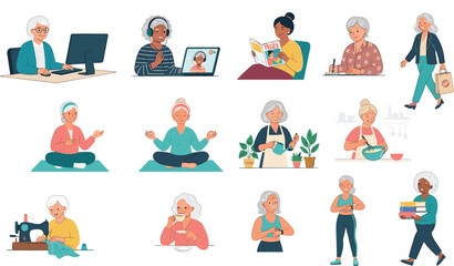 Fototapeta premium Active Senior Women Icon Set Featuring Diverse Elderly Characters Engaged in Modern Lifestyles, Hobbies, Wellness, and Daily Activities