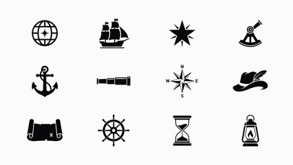 Vintage inspired black and white icon set featuring twelve classic maritime with flat silhouettes against clean white background evoking themes exploration © Jayshri