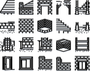 Obraz premium Collection of line icons illustrating different stages and elements of building residential and commercial infrastructure, from foundation laying to brickwork, walls, doors, and window installations