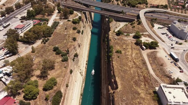 Small Sailing Yacht Crossing the Corinth Canal in Greece