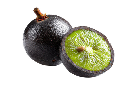 Fresh black sapote isolated on transparent background, realistic tropical fruit PNG cutout with natural green textured skin