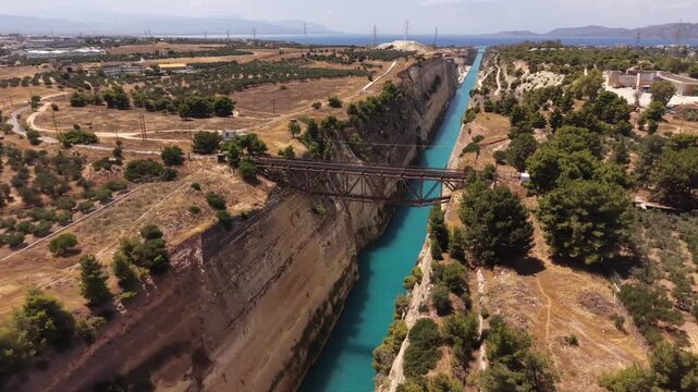 Sailboat Navigating the Historic Corinth Canal, Aerial view