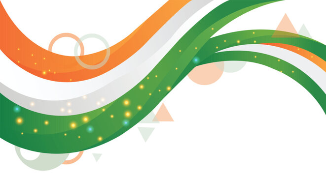 A vibrant and festive graphic design featuring wavy lines and geometric shapes in orange, green, and white colors.
