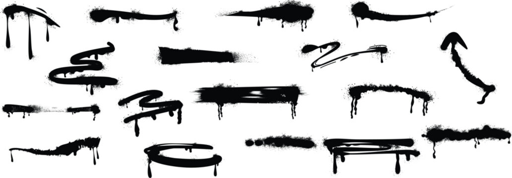 Set of black graffiti spray paint brushes and ink drip textures isolated on transparent background including horizontal strokes and circular shapes for urban design projects.