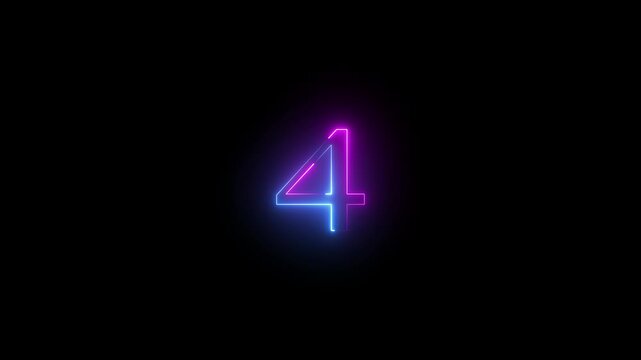 Modern glowing blue and pink neon number 4, Motion graphics of text 4 number icon on a black background 4k video.