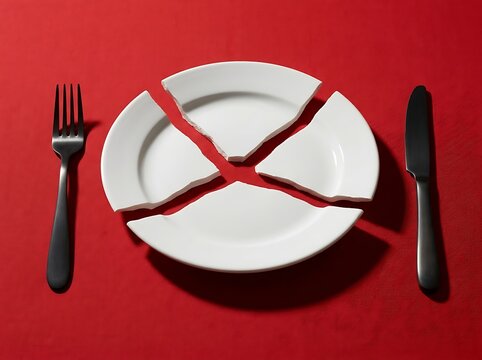 Broken white plate with fork and knife on red tablecloth broken plate