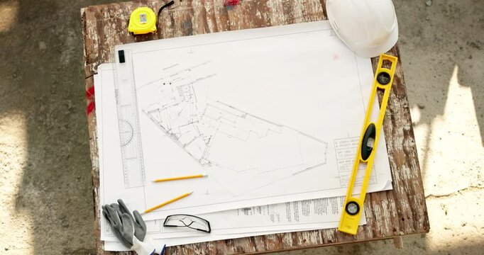 Blueprint, architecture and construction site with floor plan or sketch on table for property design. Creative, engineering drawing and schematic for renovation, remodeling and above for precision