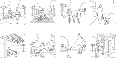 Obraz premium Urban Community Lifestyle Scene Outline Collection with Walking, Cycling, Parks, Public Spaces, and Neighborhood Activities Illustration