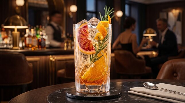 Cocktail garnished with fresh grapefruit slices and a rosemary sprig sits on a dark marble table inside a sophisticated bar lounge.