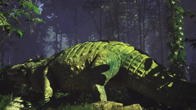 Moss covered titan resting in moonlight, deep forest scene with damp moss, dappled silver light through tall pines, massive scaled back draped in ivy, quiet