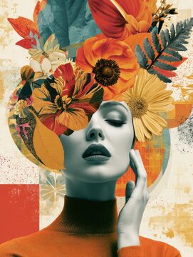 Surreal portrait of a woman with a vibrant floral headdress and artistic background