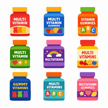 Colorful multivitamin gummy supplement bottles with fruit, ABC letters, hearts and rainbow
