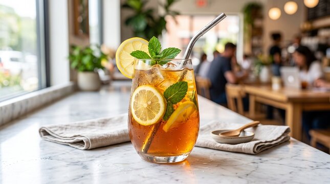 A refreshing glass of iced tea with lemon and mint, served with a metal straw on a marble counter in a bright cafe setting.