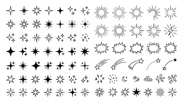 Create a premium collection of 100 unique black starburst icons arranged in a clean 10&times;10 grid on a pure white background. Each starburst must have a completely different design featuring elegant sunb