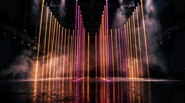 Colorful Laser Light Show with Vertical Beams Reflecting on Water at Night