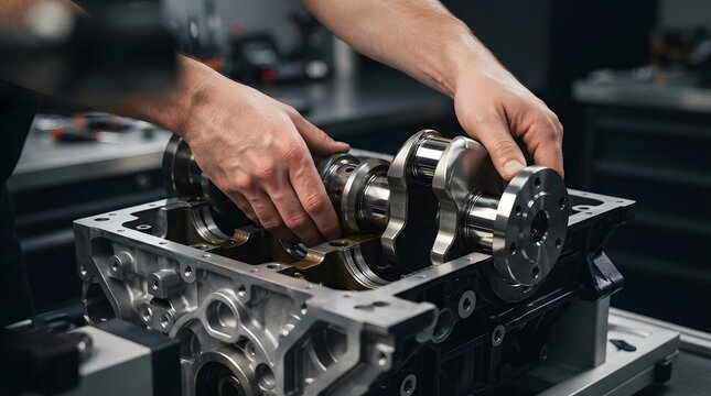 Mechanic installing crankshaft into engine block at auto repair workshop.