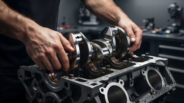 Mechanic installing a crankshaft into a V8 engine block.
