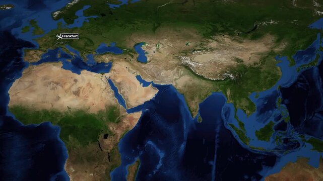 Animated Flight Route Map from Frankfurt to Hong Kong Across Eurasia