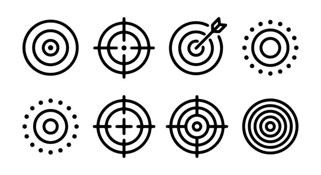 Target Icons Set, Bullseye Graphics, Aiming Symbols, Goal Achievement Vector Collection