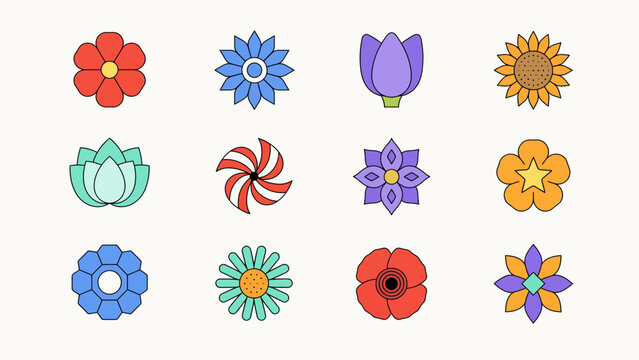 Assorted floral ornament vector illustration with colorful petals and simplified botanical shapes flower flowers blossom blooms petal flat design