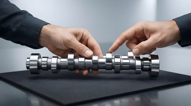Two people examining a high precision engine camshaft part.
