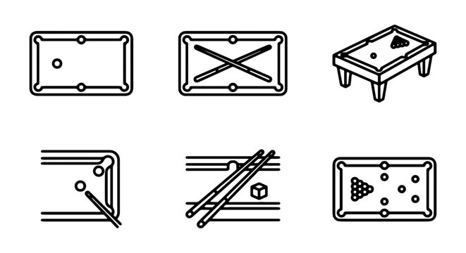 Billiard Table Icons, Pool Table Graphics, Snooker Game Vector Set, Sports Equipment Line Art