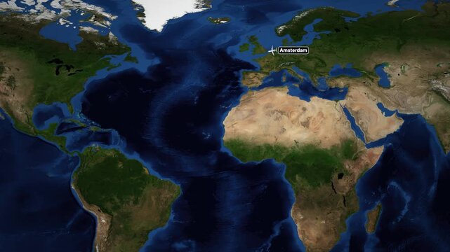 Animated Flight Route Map from Amsterdam to Lima Across the Atlantic Ocean