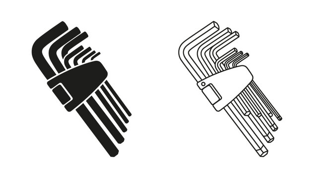 Hex key set black and white line illustration on white background