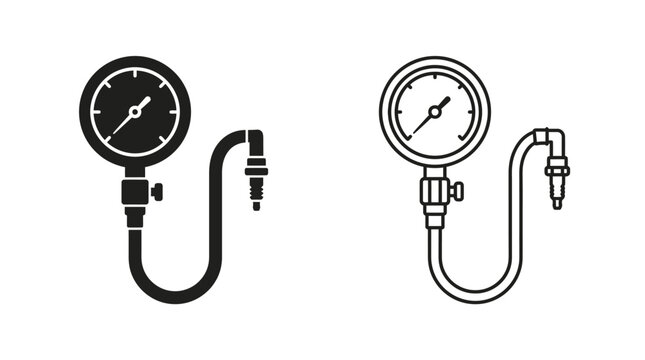 Tire pressure gauge with hose black line art silhouette on white background