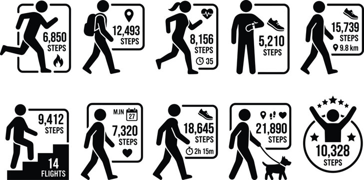 Fitness tracking and step count icons collection, walking and running activity design, health and exercise concept, black vector illustration set