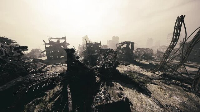 Sepia industrial wasteland with ruins, shattered metal frames and muddy foreground, distant skeletal structures emerging from thick haze, dramatic backlight