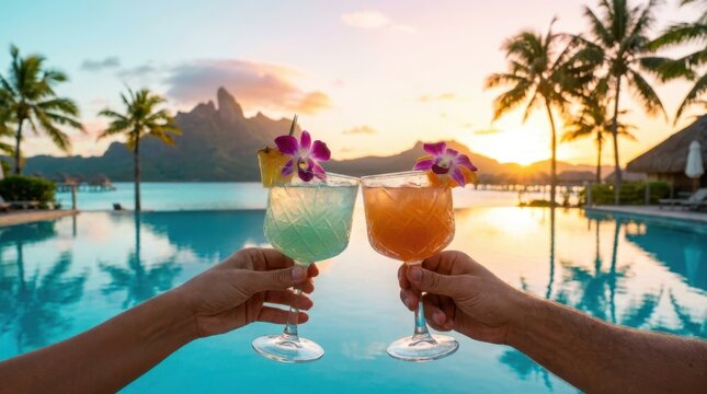 Couple toasting with tropical cocktails by infinity pool at sunset in Bora Bora