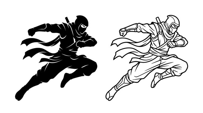 Ninja silhouette and line art illustration on a white background