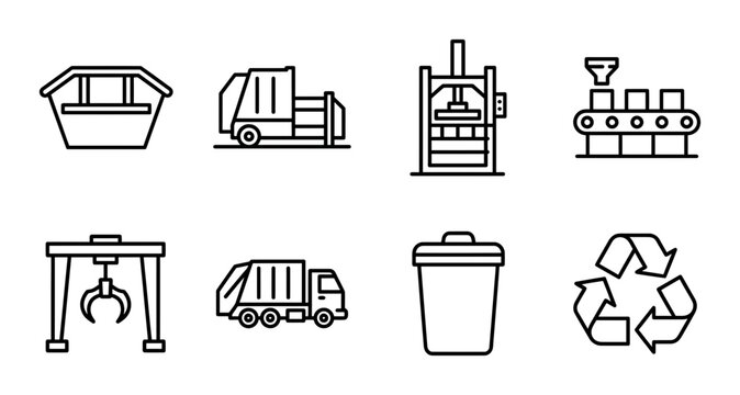 Industrial Waste Management Icons: Garbage Trucks, Baler, Conveyor, Crane, Bin, Recycling Symbol