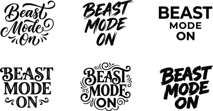 Beast mode on typography vector set featuring various motivational hand lettering calligraphy and bold font styles